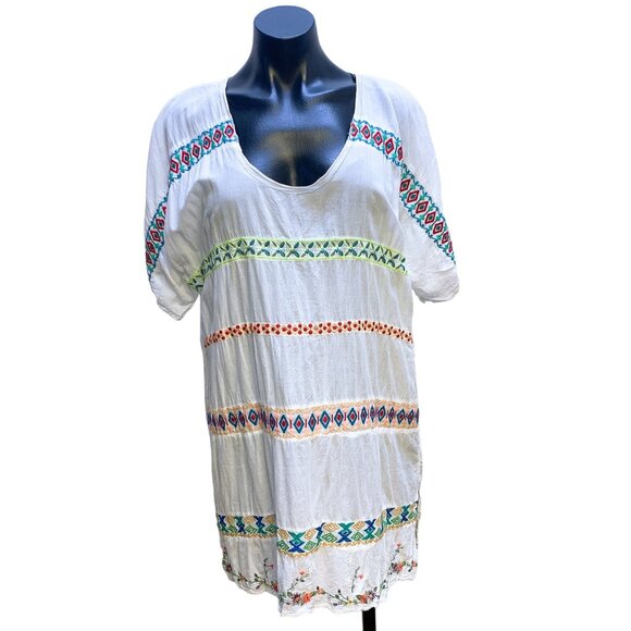 Johnny Was White Embroidered Boho Tunic Top - Size L - Picture 1 of 7